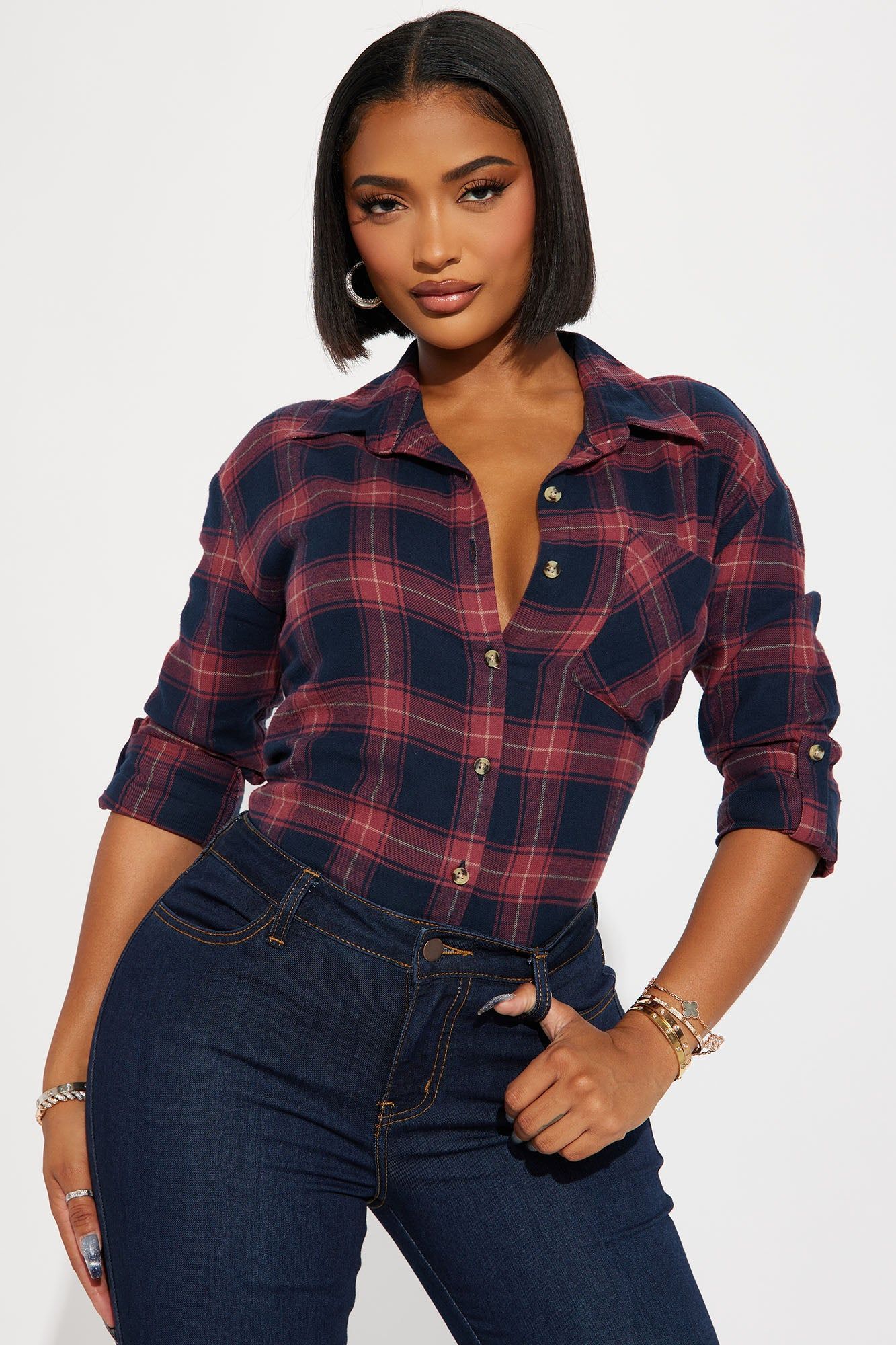 Keegan Plaid Shirt - Navy/combo sold by Fashion Nova