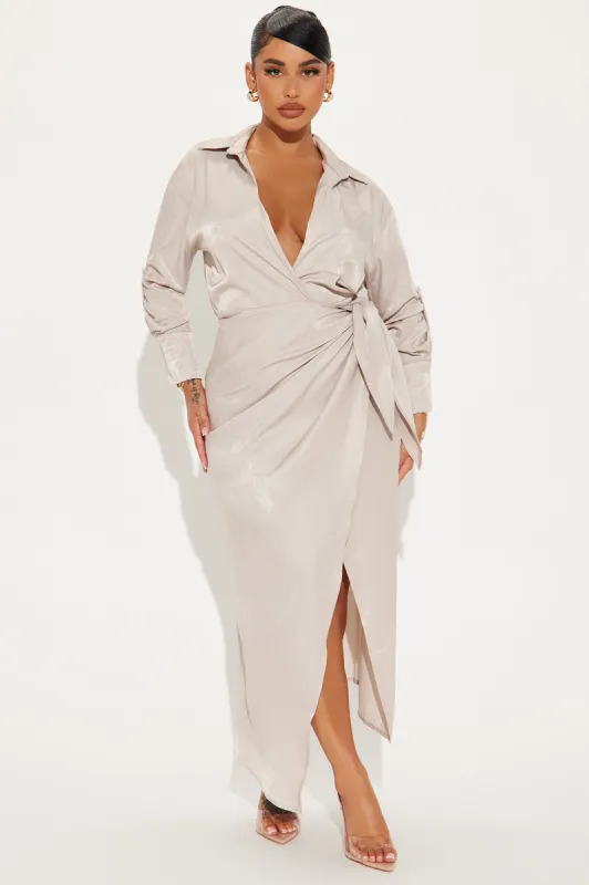 Business Classy Maxi Shirt Dress - Taupe sold by Fashion Nova