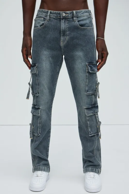 Patrick Stacked Skinny Flare Cargo Jeans - Dark Wash sold by Fashion Nova