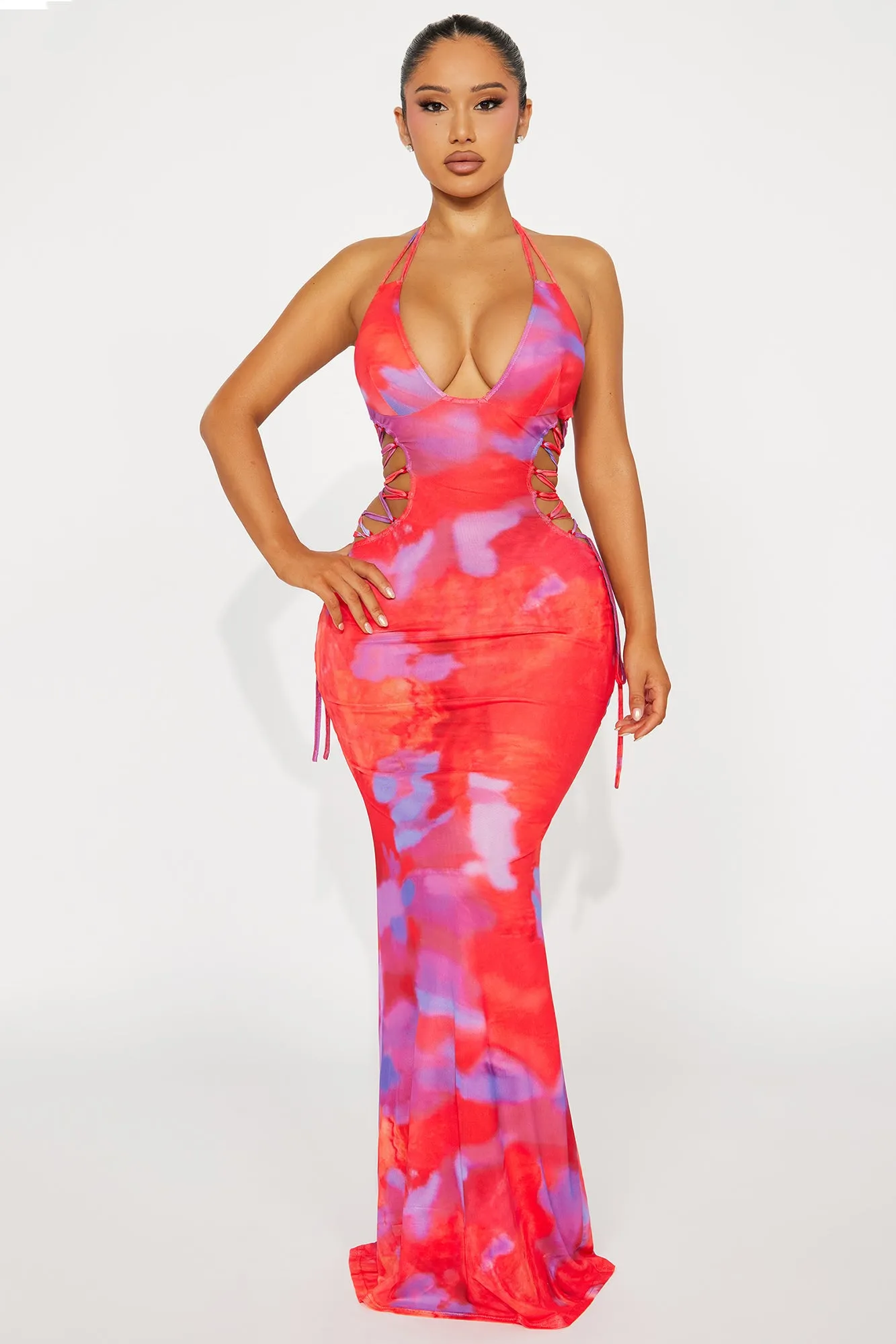 Emma Printed Cut Out Maxi Dress - Red/combo sold by Fashion Nova