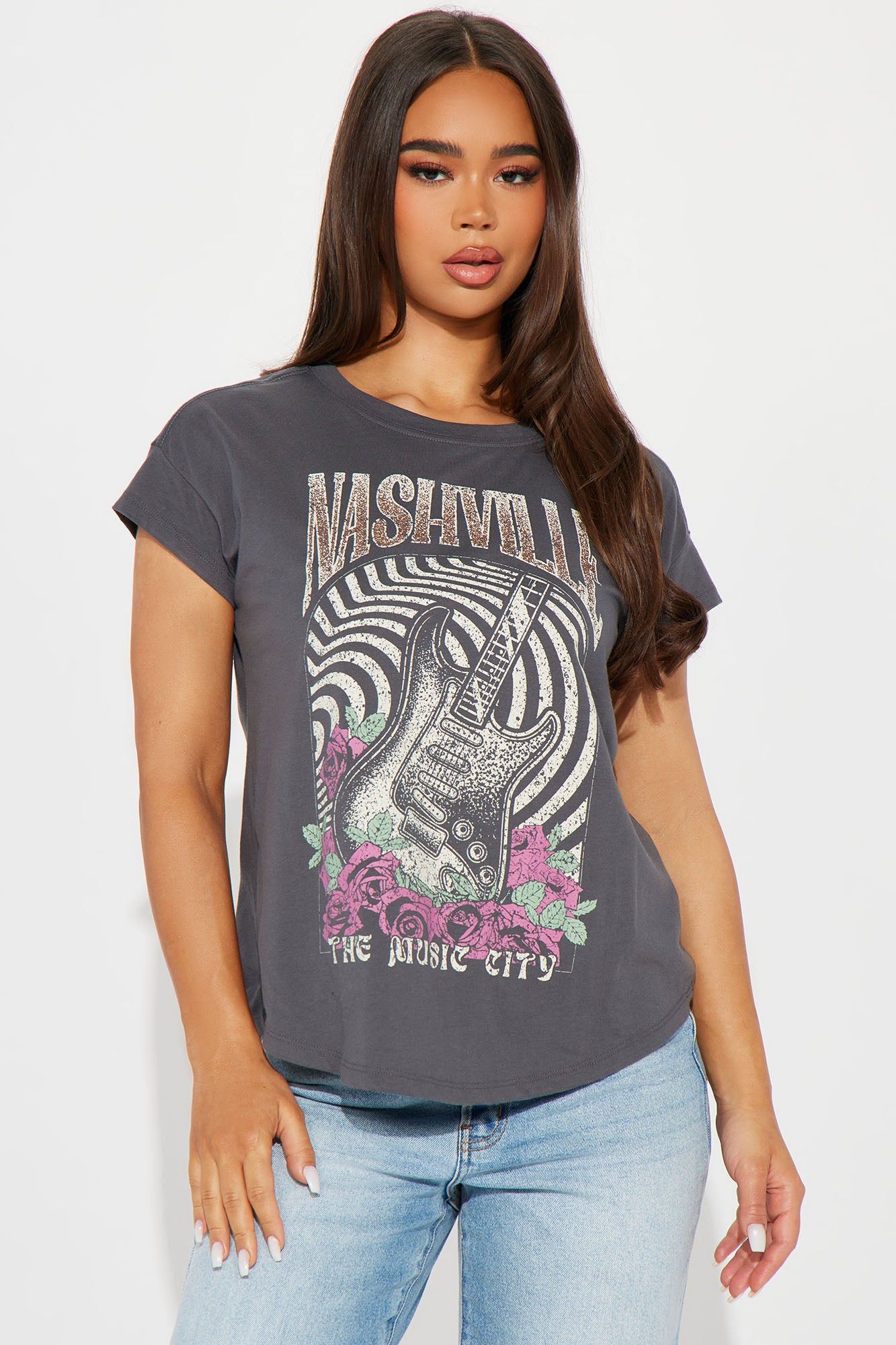 Nashville Rock Music Graphic Tshirt - Charcoal sold by Fashion Nova
