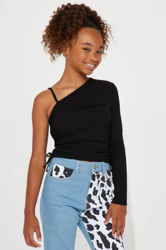 Mini Yummy One Shoulder Top - Black sold by Fashion Nova