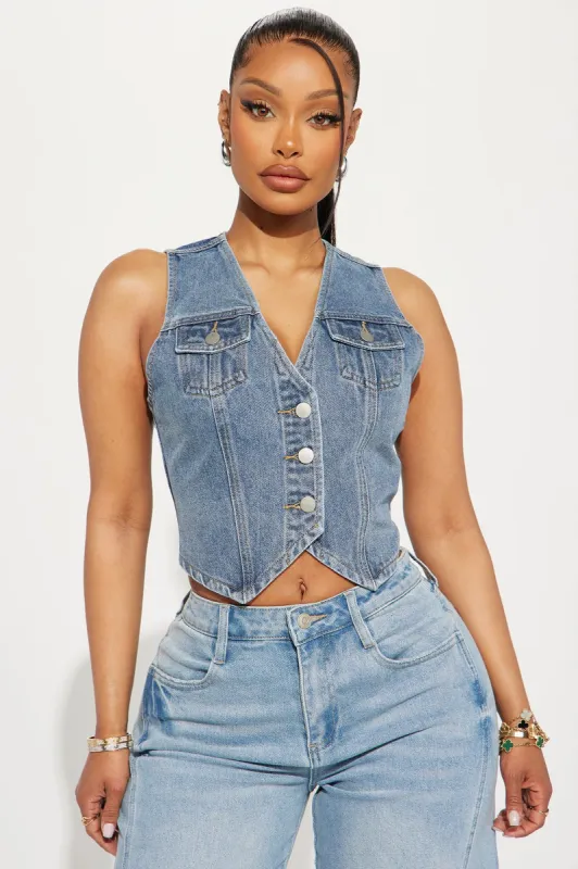 Chasing The Sun Denim Vest Top - Medium Wash sold by Fashion Nova