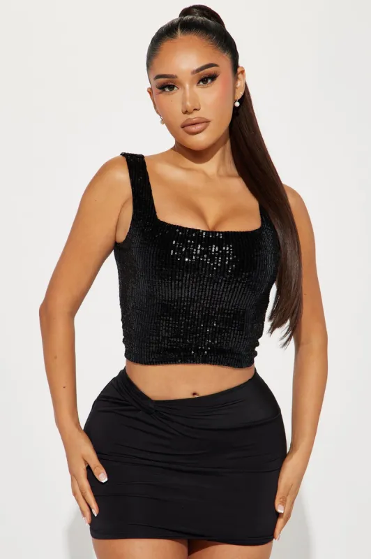 Turn Off The Lights Sequin Top - Black sold by Fashion Nova