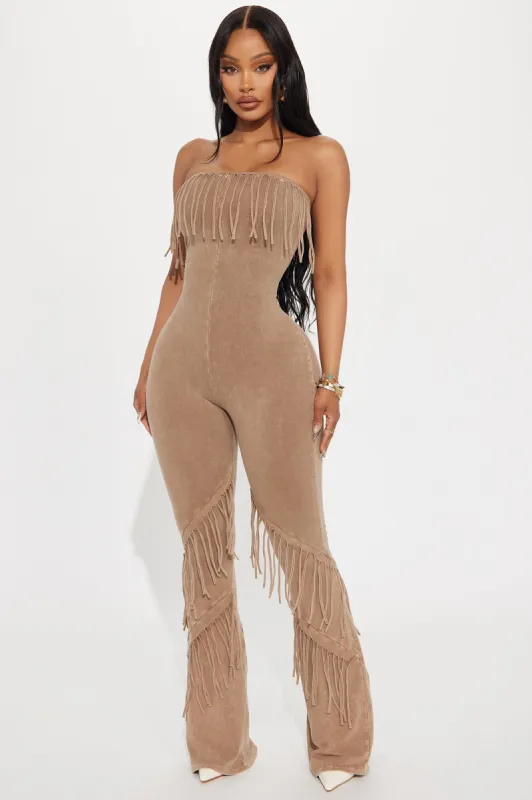 Good Times Fringed Jumpsuit - Mocha sold by Fashion Nova