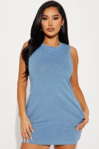 Piper Crew Neck Mini Dress - Slate Blue sold by Fashion Nova