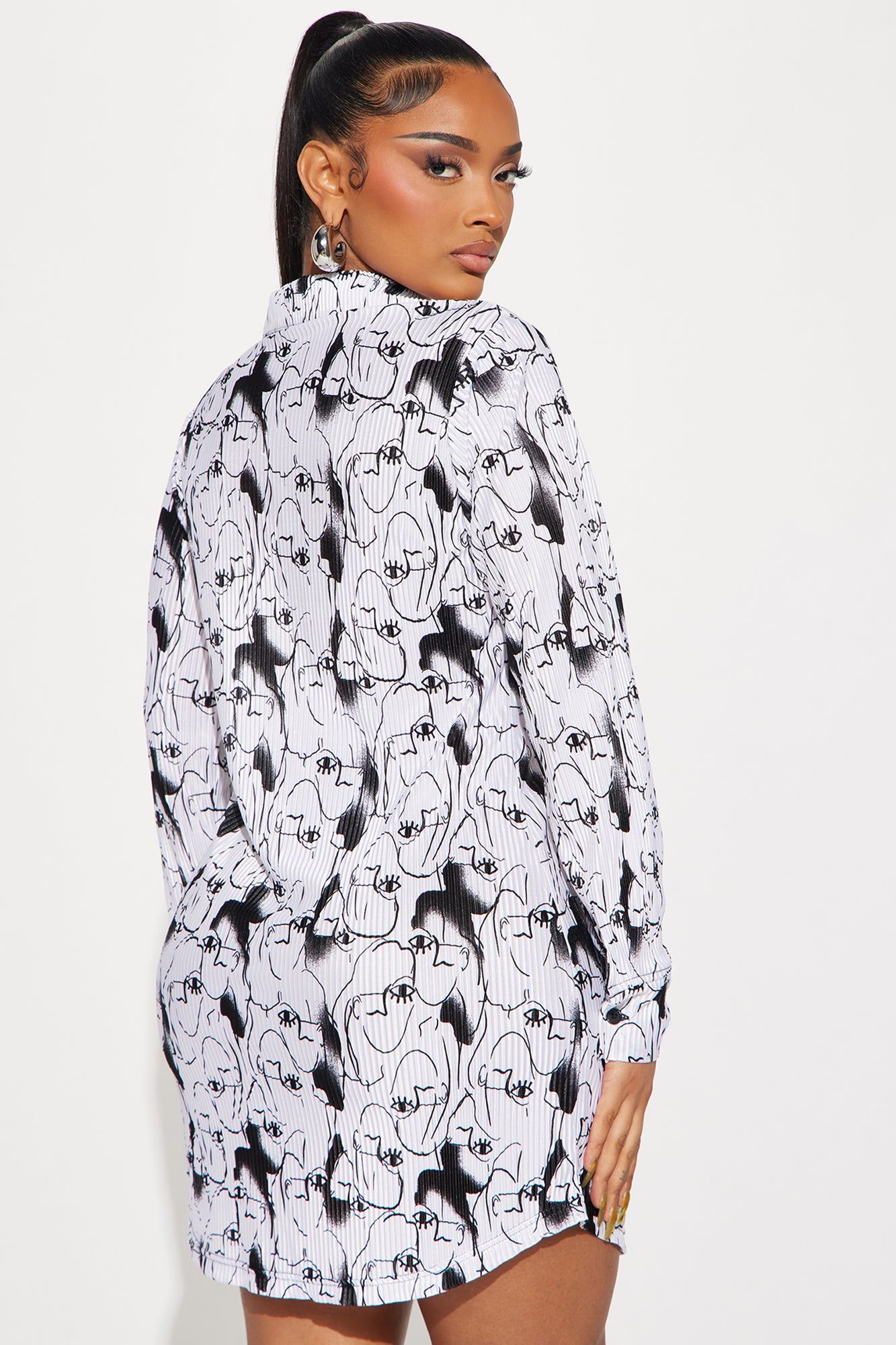 Lisa Plisse Faces Shirt Dress - White/Black sold by Fashion Nova product image thumbnail 3