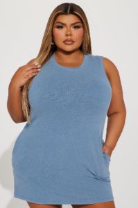 Piper Crew Neck Mini Dress - Slate Blue sold by Fashion Nova