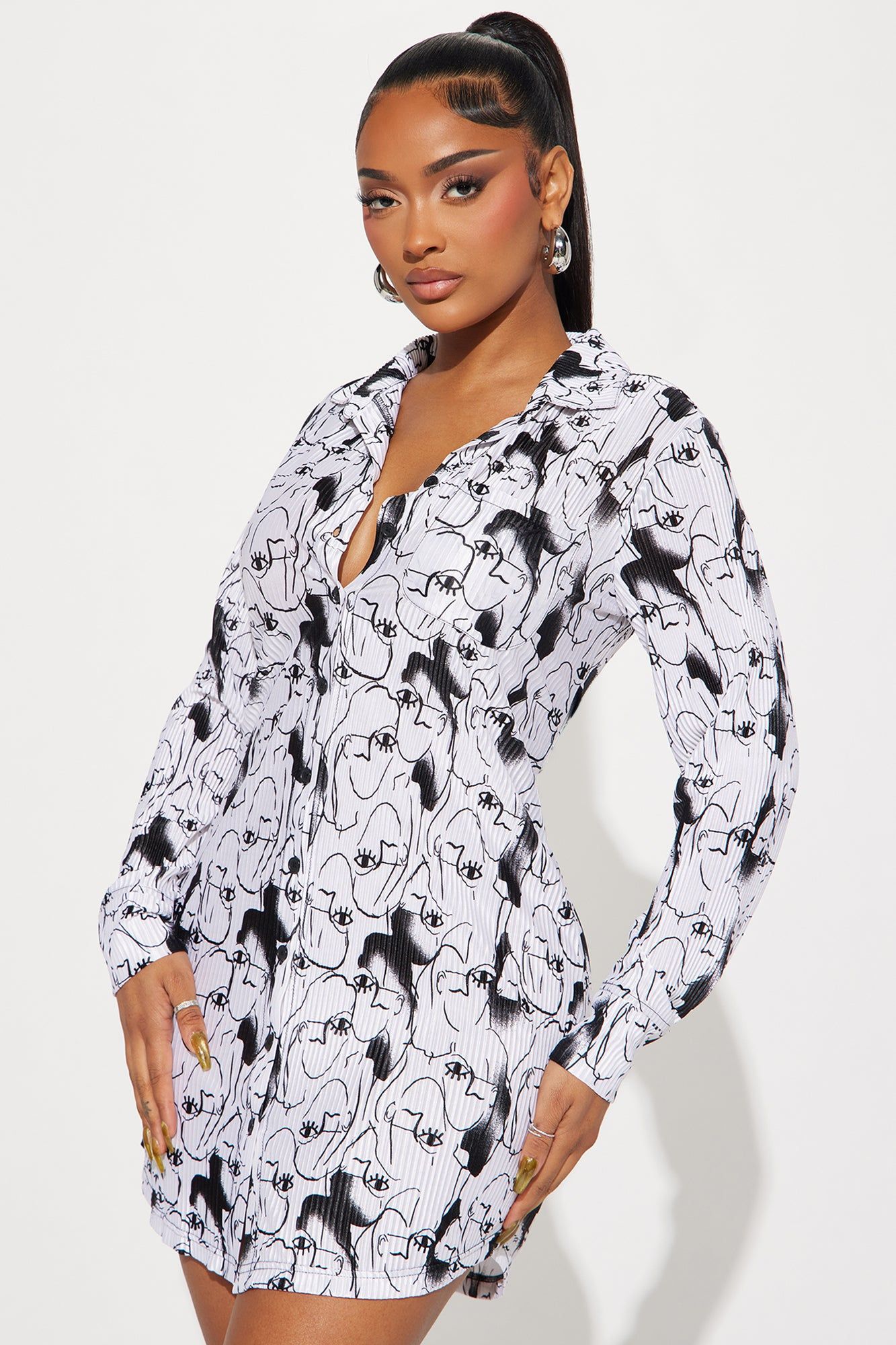 Lisa Plisse Faces Shirt Dress - White/Black sold by Fashion Nova product image thumbnail 2