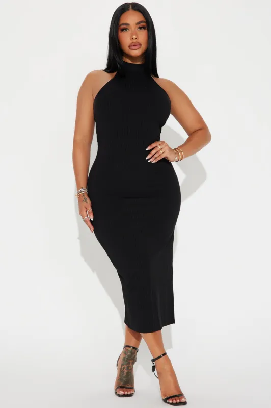 Cleo Ribbed High Neck Midi Dress - Black sold by Fashion Nova