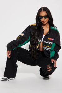1929 Racer Bomber Jacket - Black/Green sold by Fashion Nova