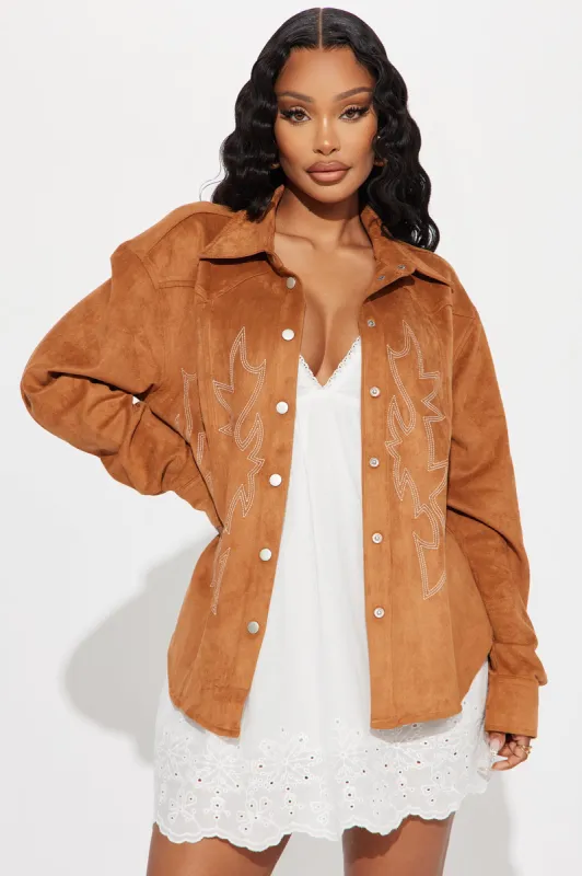 Houston Embroidered Faux Suede Shirt - Camel sold by Fashion Nova