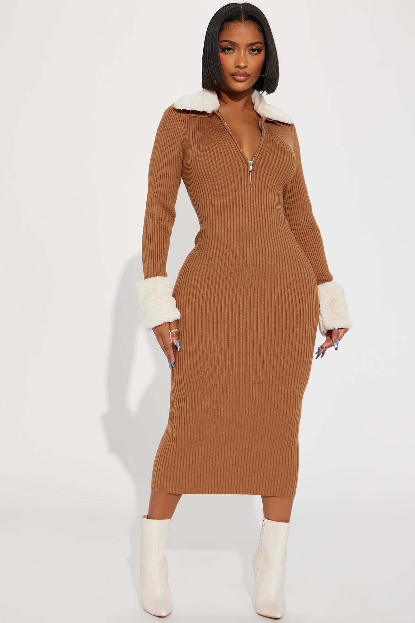 Lola Fur Trimmed Sweater Midi Dress - Mocha/combo sold by Fashion Nova