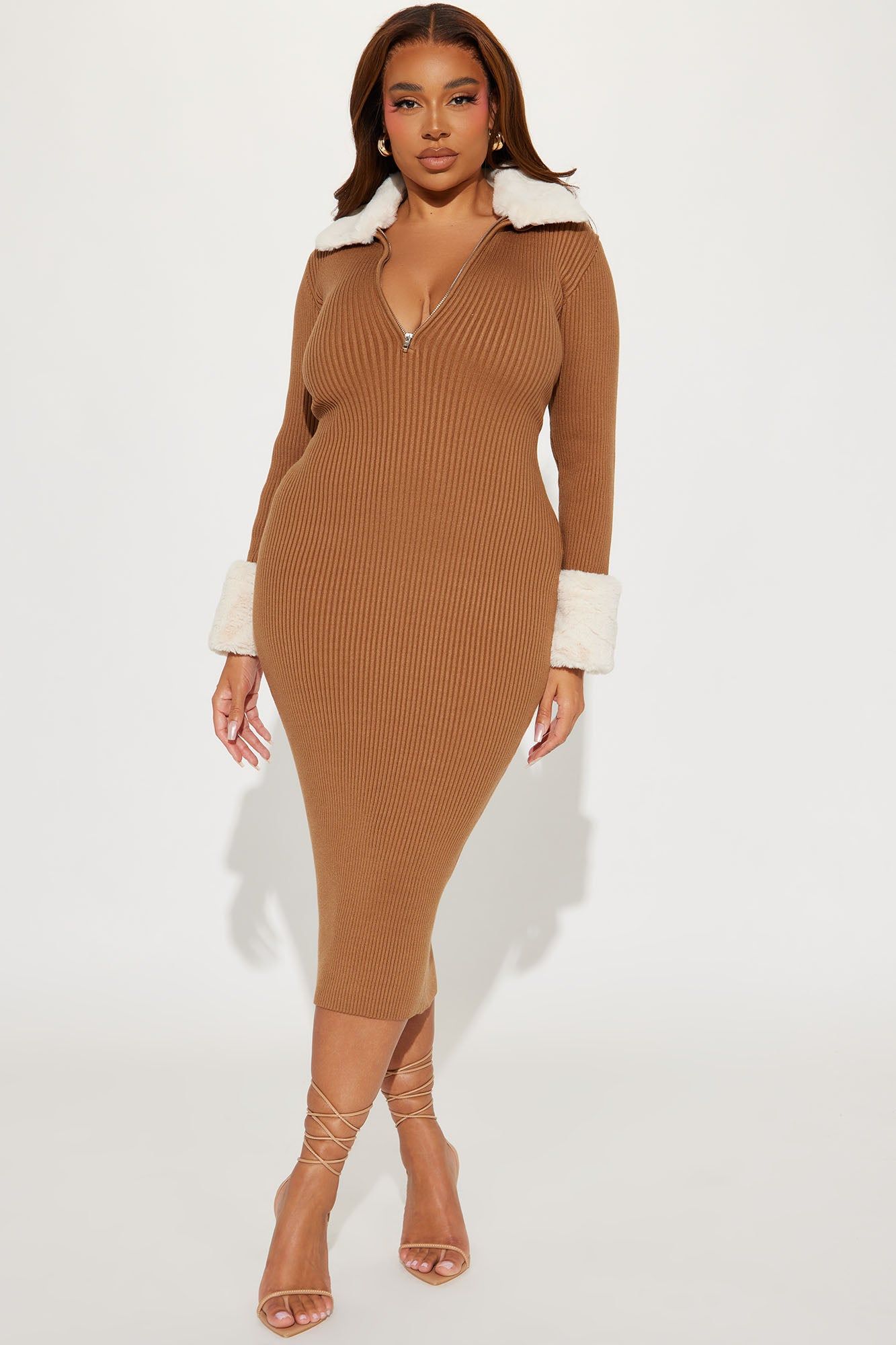 Lola Fur Trimmed Sweater Midi Dress - Mocha/combo sold by Fashion Nova product image thumbnail 4