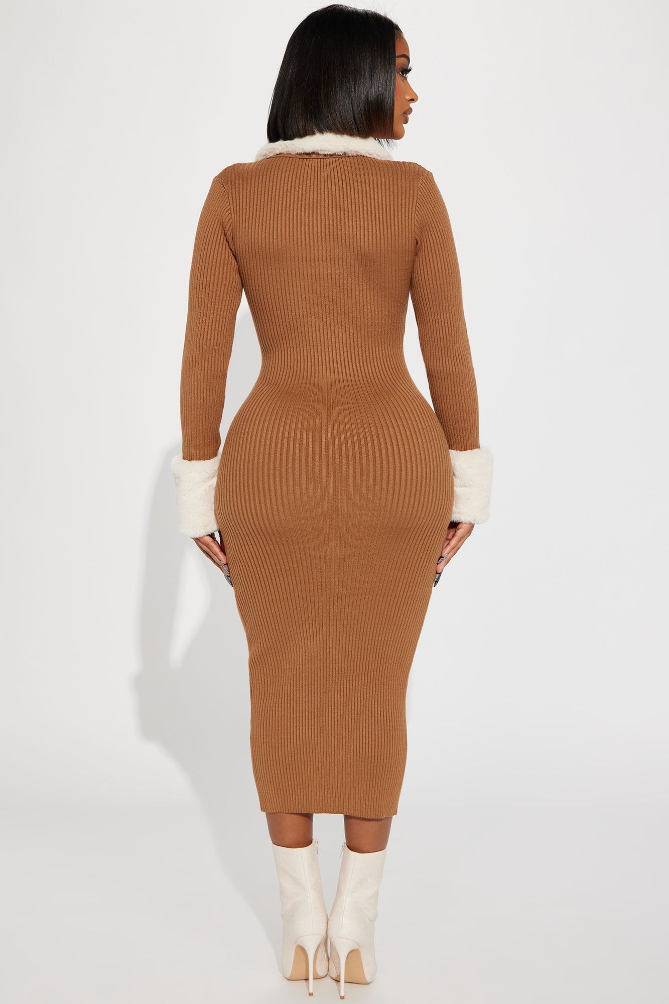 Lola Fur Trimmed Sweater Midi Dress - Mocha/combo sold by Fashion Nova product image thumbnail 3