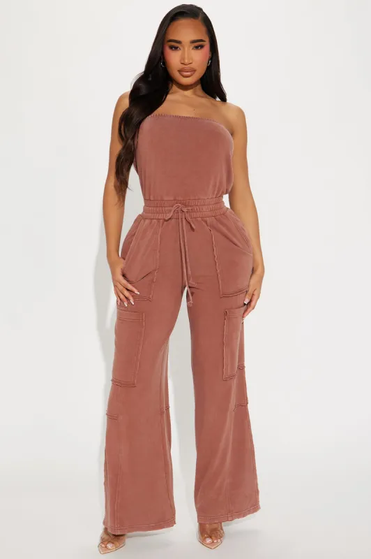 Lounge Around Washed Jumpsuit - Chestnut sold by Fashion Nova