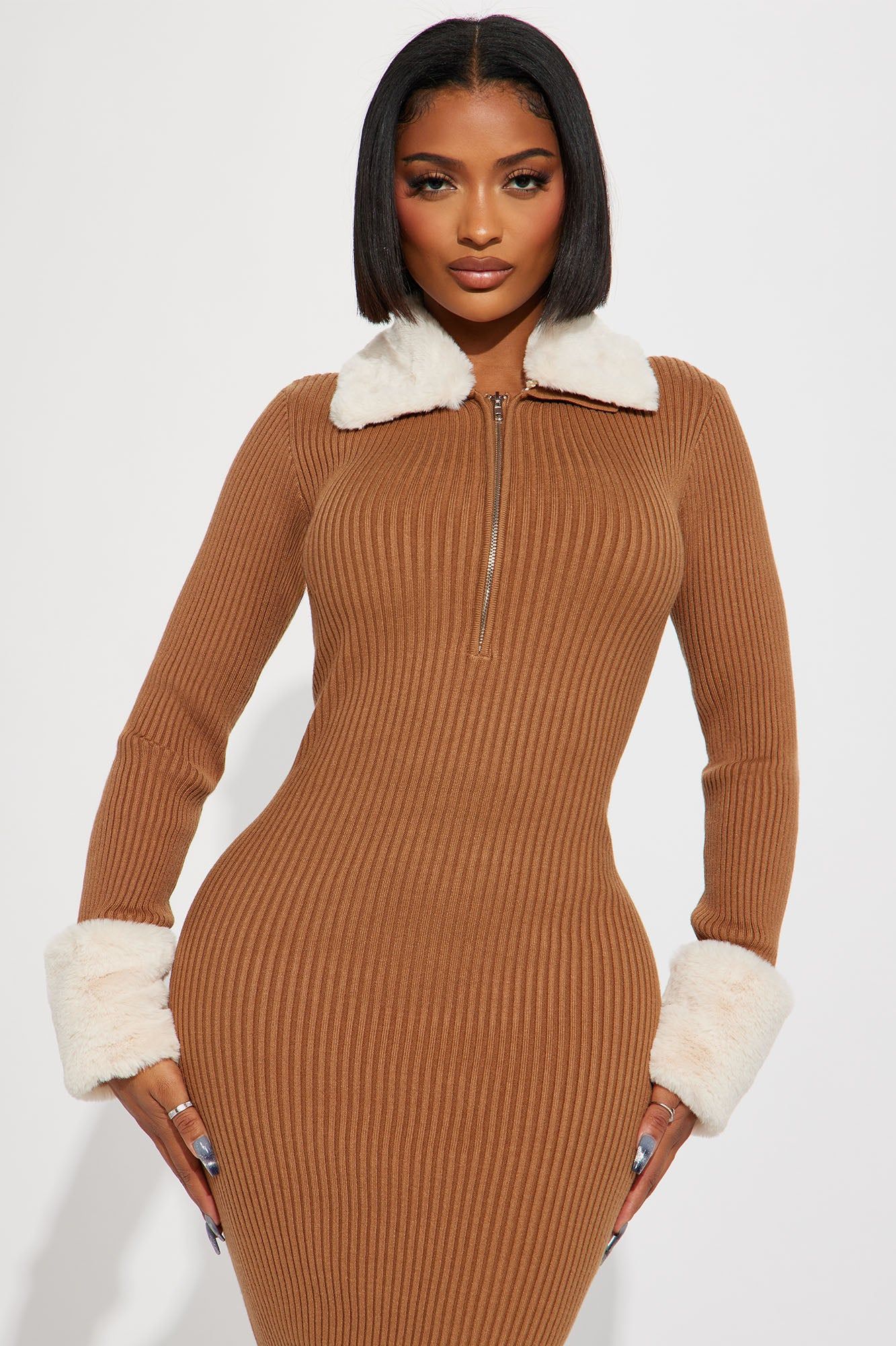 Lola Fur Trimmed Sweater Midi Dress - Mocha/combo sold by Fashion Nova product image thumbnail 2