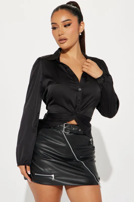 Overtime Nights Satin Blouse Top - Black sold by Fashion Nova