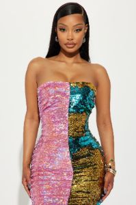 Lace Up Sequin Mini Dress - Lavender/combo sold by Fashion Nova