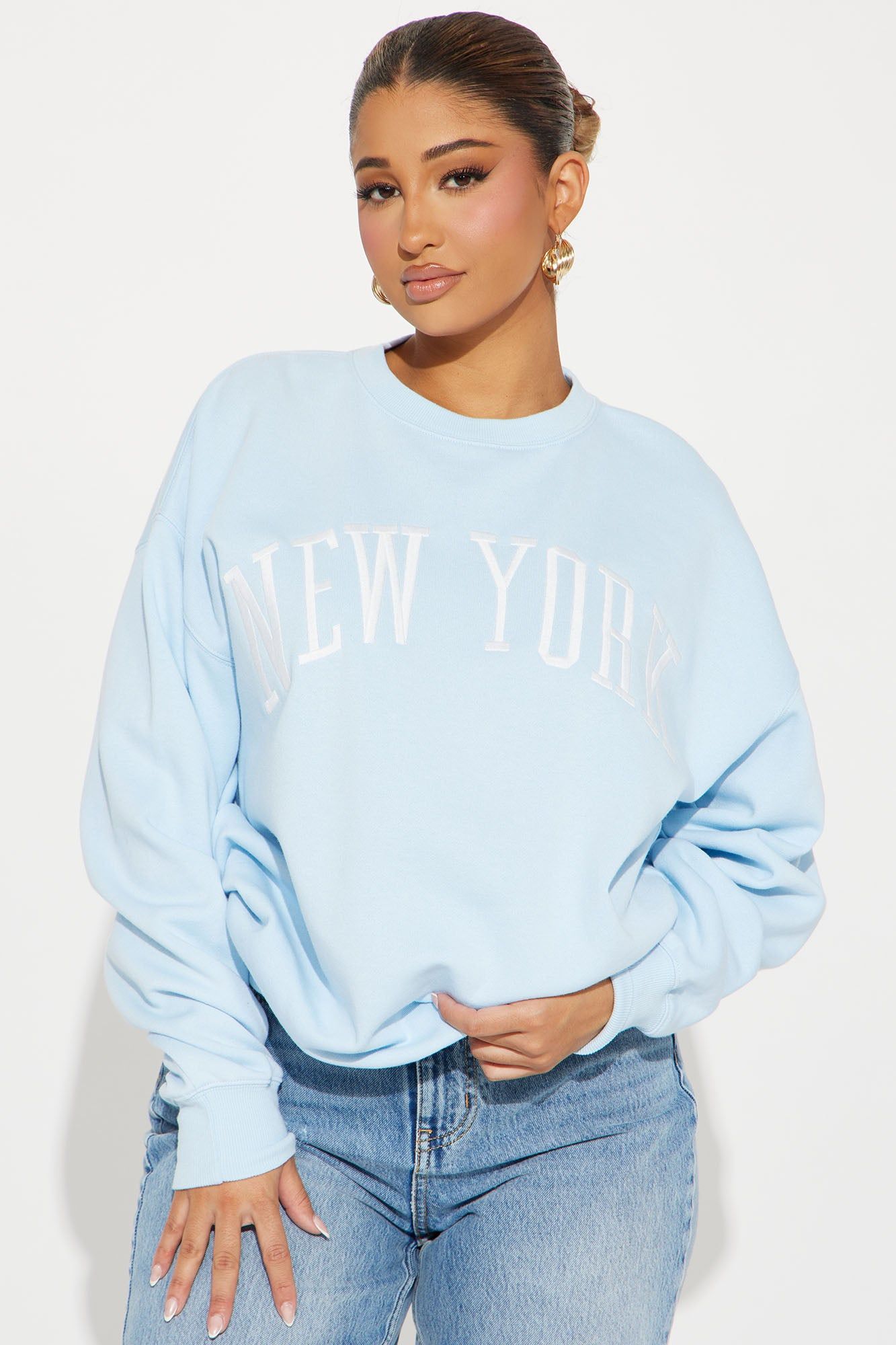 New York Embroidered Screen Sweatshirt - Blue sold by Fashion Nova