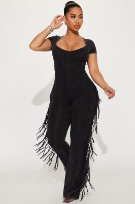 Carry Me Higher Fringe Jumpsuit - Black sold by Fashion Nova
