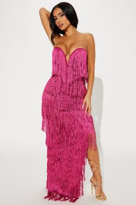 All About The Fringe Maxi Dress - Fuchsia sold by Fashion Nova