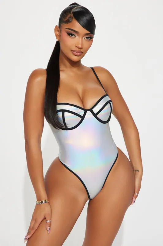 Summers In Vegas Holographic 1 Piece Swimsuit - Silver sold by Fashion Nova