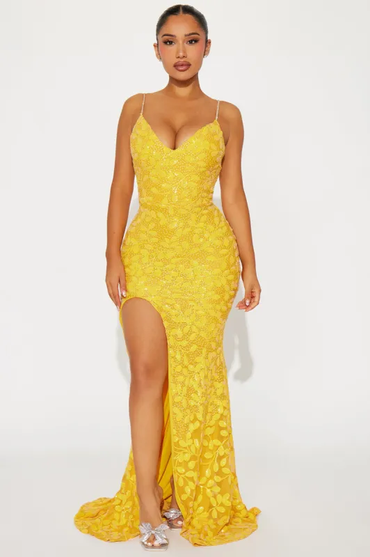 Bella Floral Sequin Gown - Yellow sold by Fashion Nova