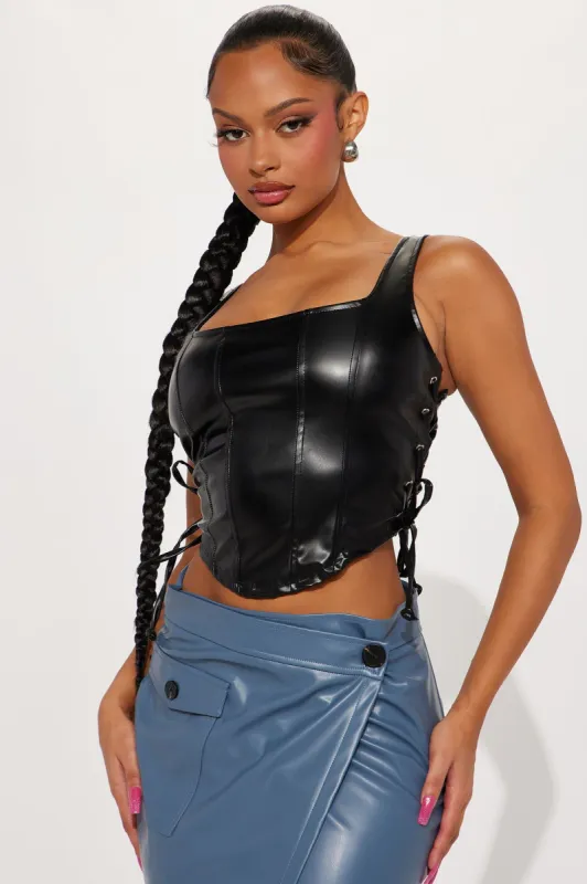 Come With Me PU Corset Top - Black sold by Fashion Nova