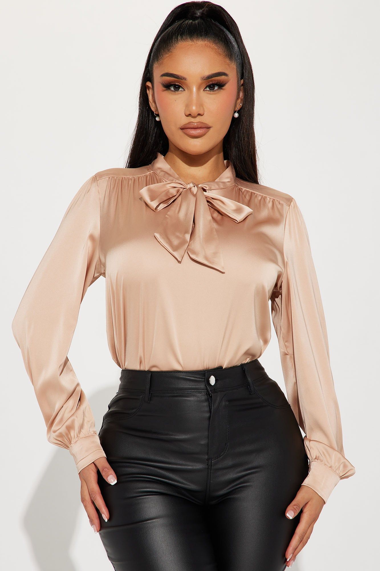 Business Chats Satin Blouse Top - Champagne sold by Fashion Nova