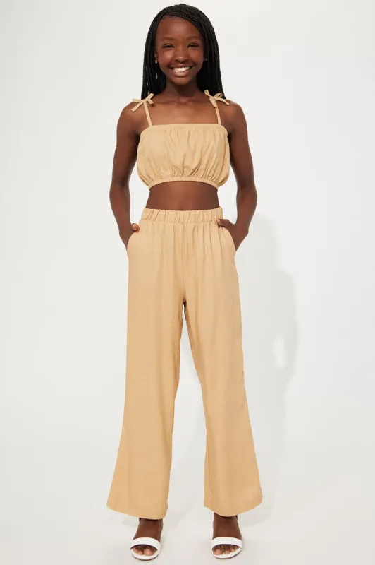 Mini Always Living Linen Pant Set - Tan sold by Fashion Nova