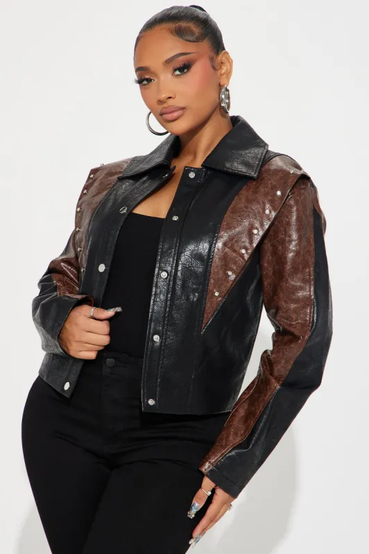 A Bit Of Flair Faux Leather Jacket - Black/combo sold by Fashion Nova