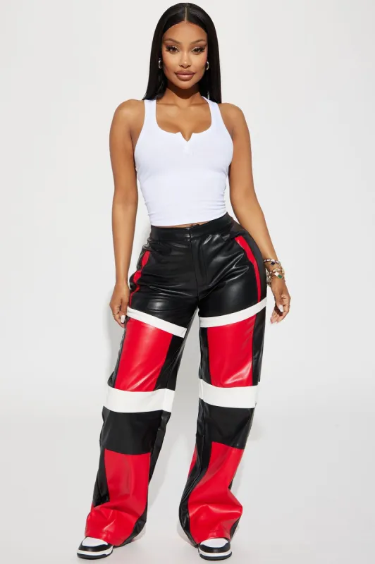 Moto Mami Faux Leather Pant - Red/combo sold by Fashion Nova
