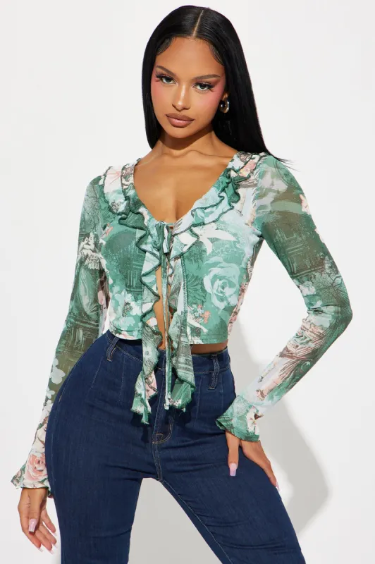 If He Wanted Ruffle Top - Teal/combo sold by Fashion Nova