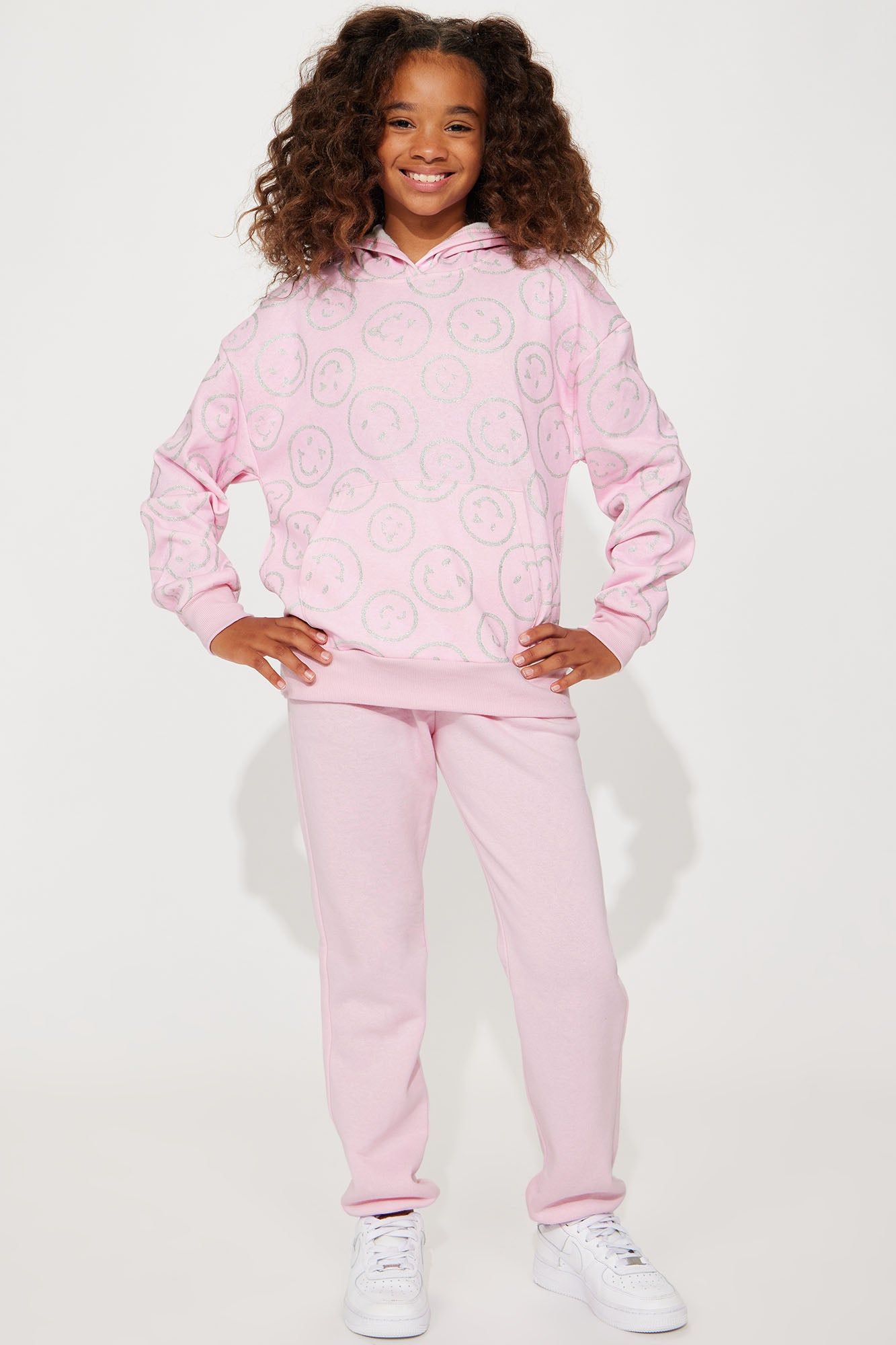 Mini Glitter Smiley Fleece Jogger Set - Pink sold by Fashion Nova