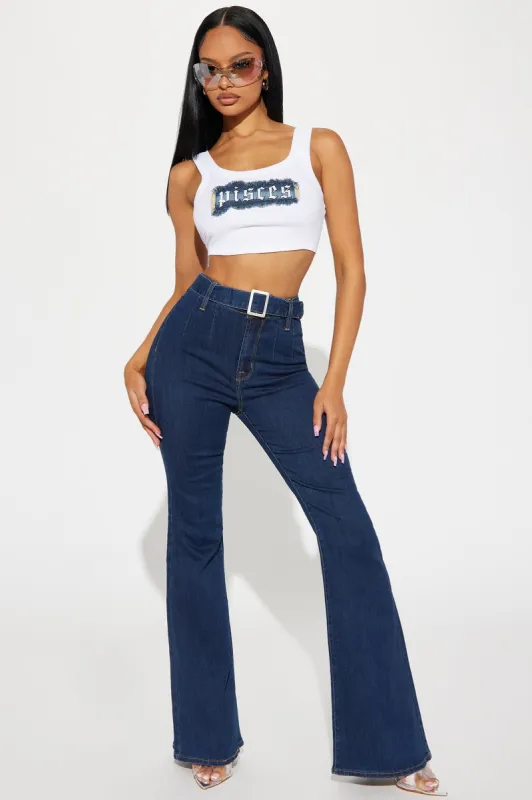 Following Your Lead Stretch Belted Flare Jeans - Dark Wash sold by Fashion Nova