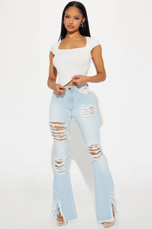 Big Ego Shredded Stretch Flare Jeans - Light Wash sold by Fashion Nova