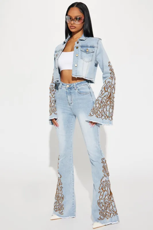 Glow Up Embroidered Stretch Flare Jeans - Light Wash sold by Fashion Nova
