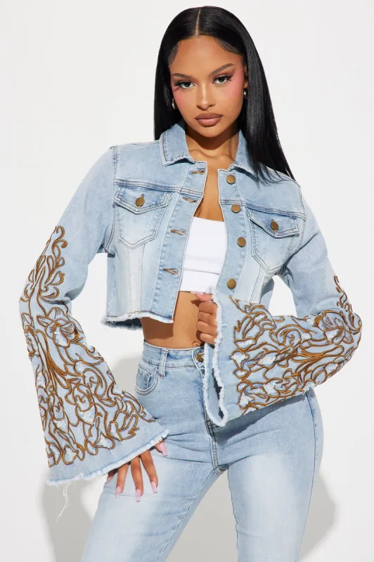 Glow Up Embroidered Denim Trucker Jacket - Light Wash sold by Fashion Nova