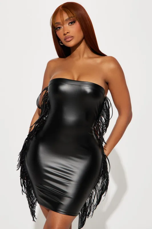 On The Fringes Faux Leather Micro Mini Dress - Black sold by Fashion Nova