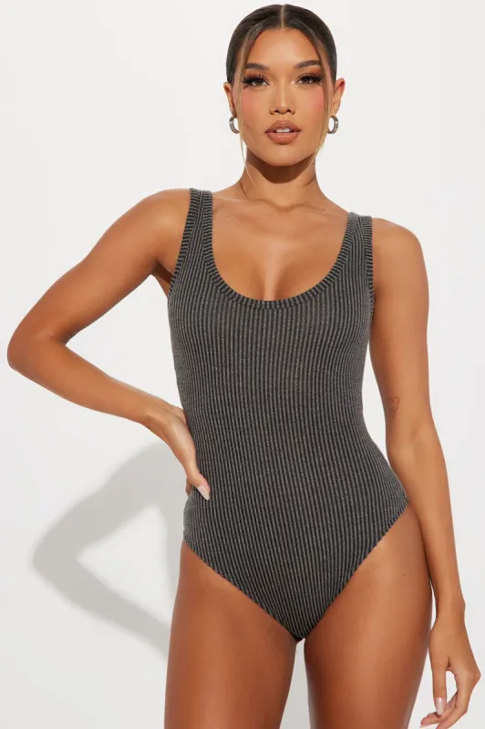 Gabby Ribbed Bodysuit - Black Wash sold by Fashion Nova