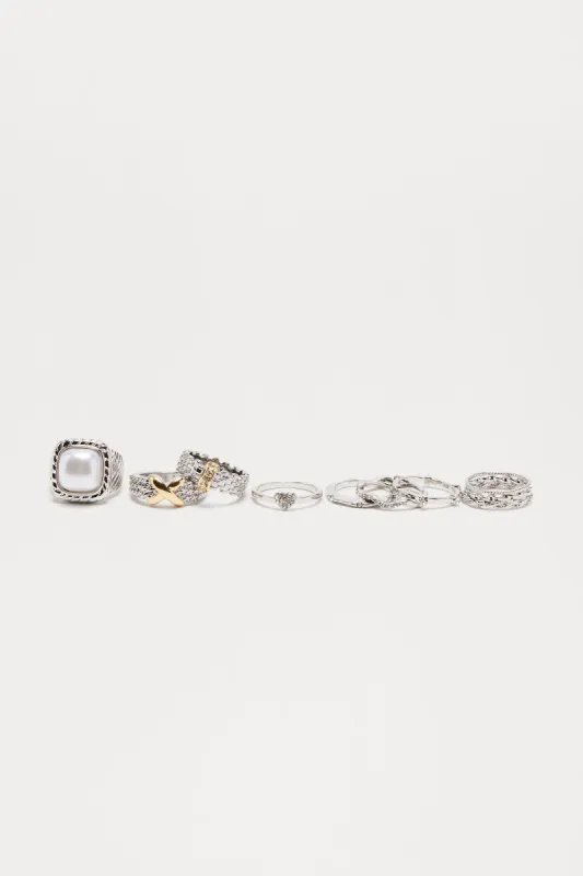 Classical Music 10 Piece Ring Set - Silver/Multi sold by Fashion Nova