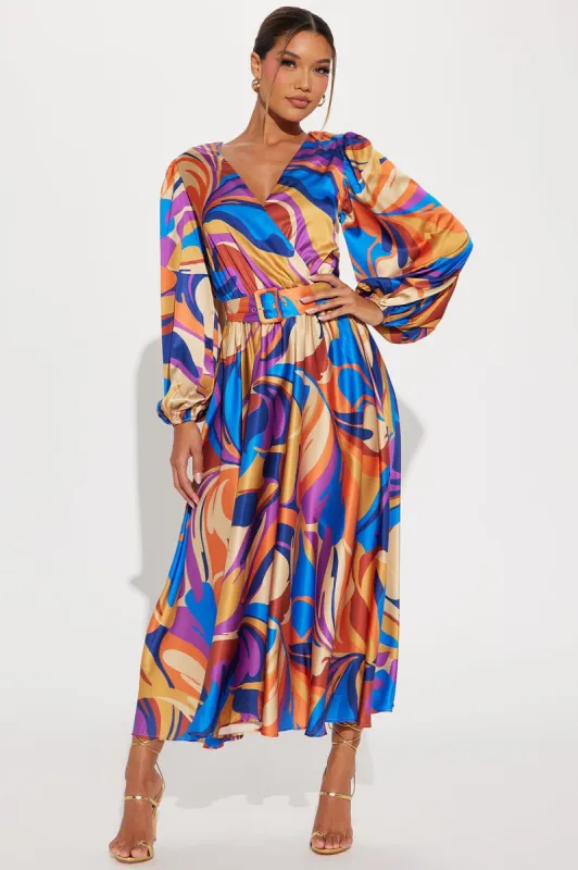 Tahiti Satin Maxi Dress - Orange/combo sold by Fashion Nova