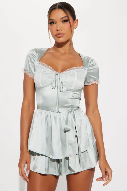 Innocent Flirt Satin Romper - Sage sold by Fashion Nova