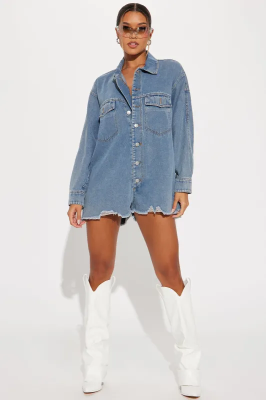 Jodie Denim Romper - Medium Wash sold by Fashion Nova