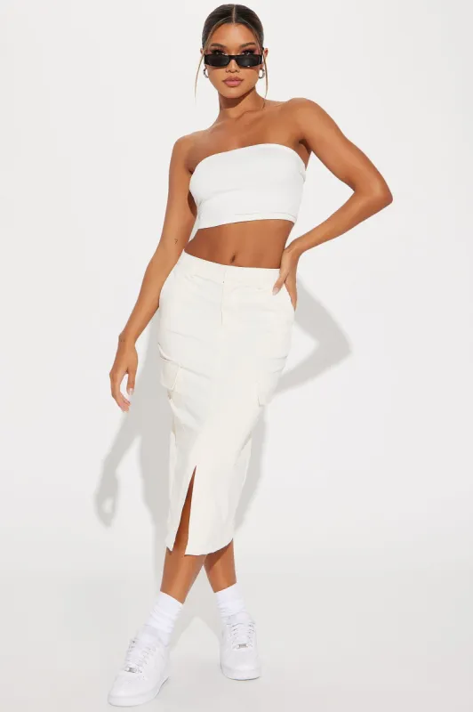 Olivia Cargo Midi Skirt - Stone sold by Fashion Nova