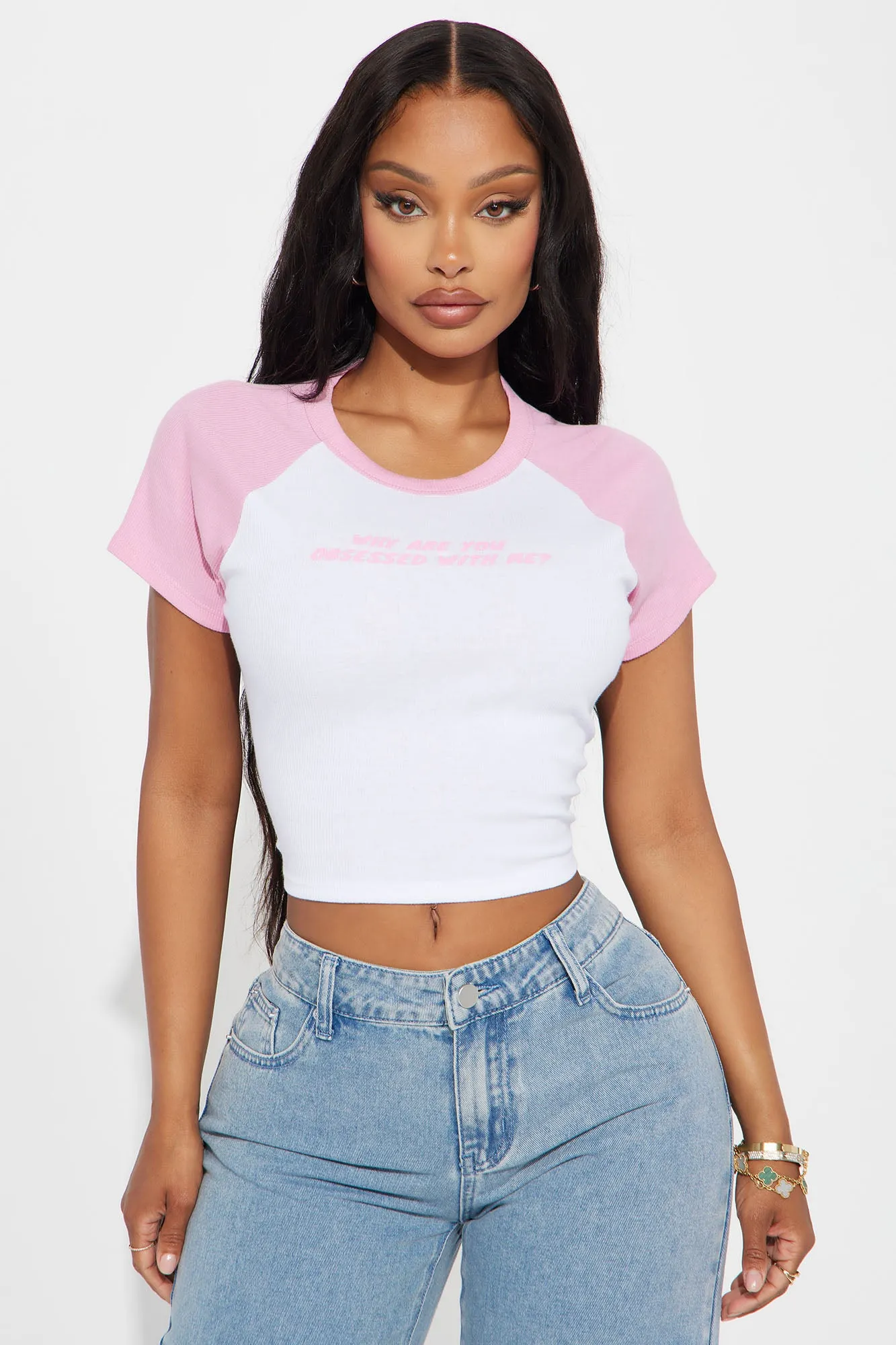 Why Are You So Obsessed Raglan Tee - Pink/combo sold by Fashion Nova