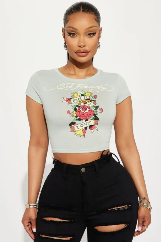 Ed Hardy Roses Rhinestone Baby Tee - Sage sold by Fashion Nova