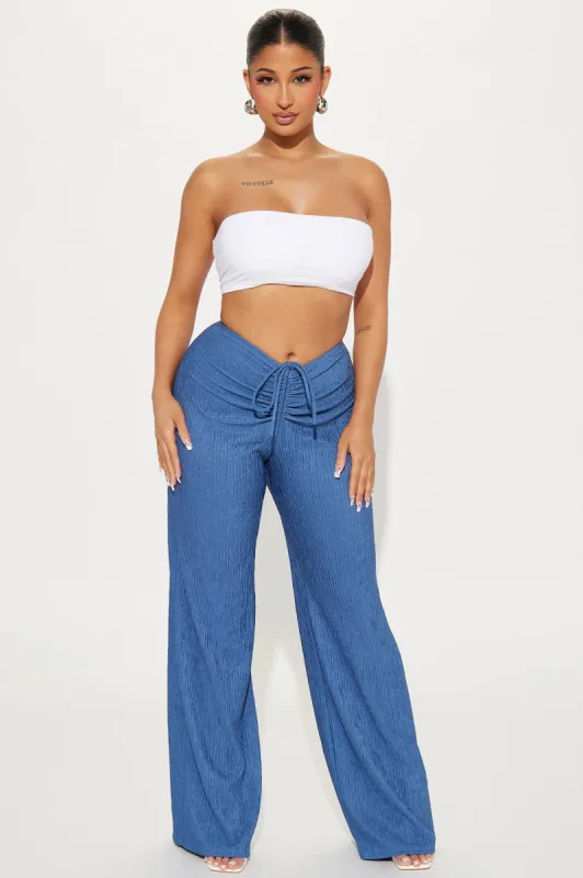 Running Late Textured V Waist Pant - Slate Blue sold by Fashion Nova