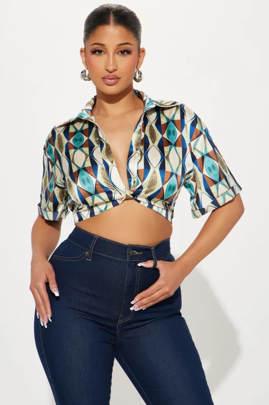 Fine Lines Satin Blouse Top - Blue/combo sold by Fashion Nova